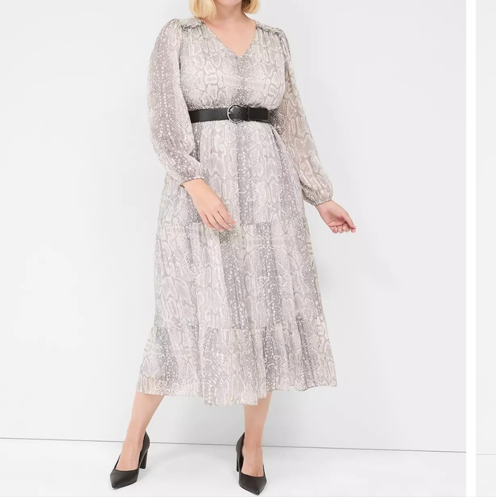 Lane Bryant Light Gray Snake-Print V-Neck Midi Dress Plus Size Light Weight